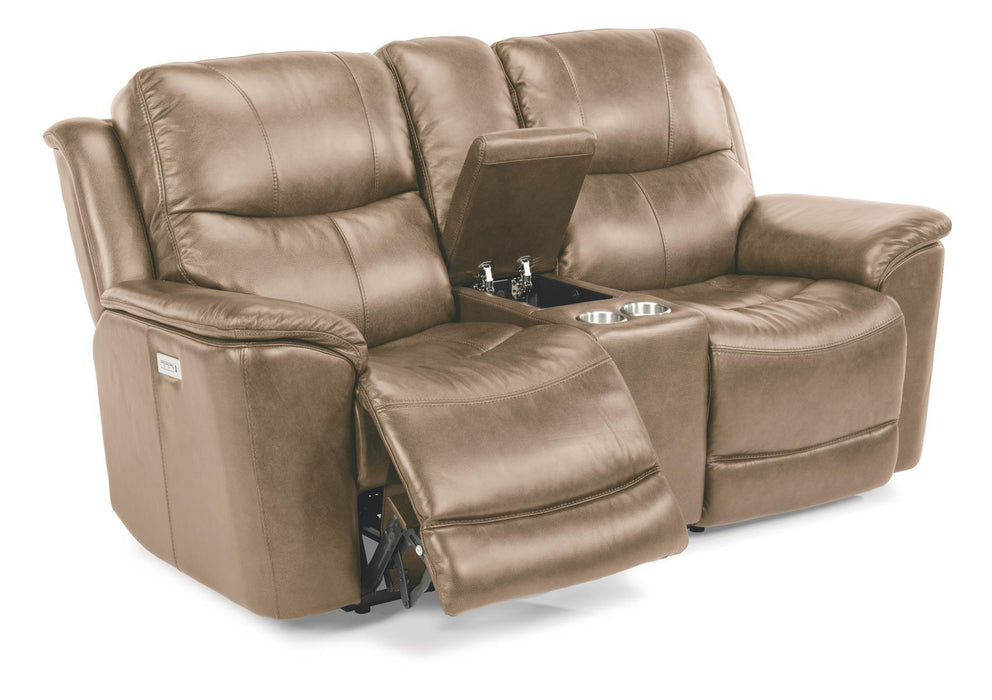 Flexsteel Latitudes Cade Leather Power Reclining Loveseat w/ Console & Power Headrests  in Light Brown