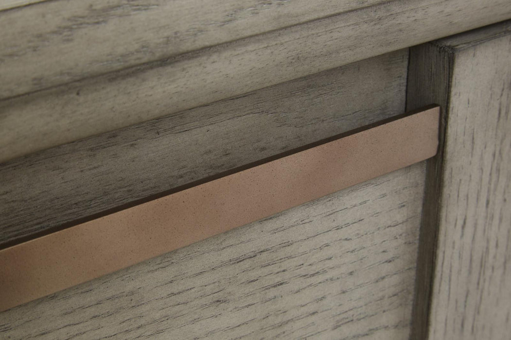 Magnussen Furniture Atelier King Panel Storage Bed in Nouveau Grey, Palladium Metal