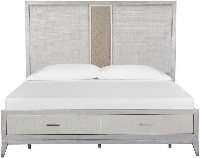Magnussen Furniture Lenox King Storage Bed with Upholstered PU Fretwork Headboard in Acadia White