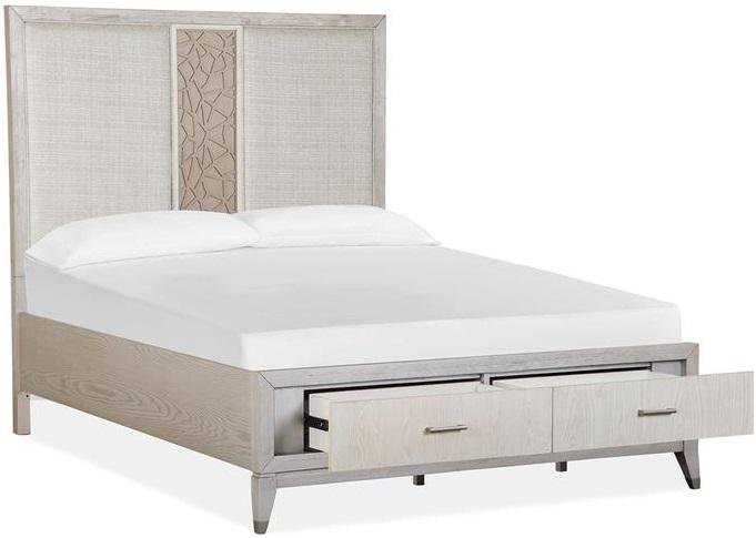 Magnussen Furniture Lenox Queen Storage Bed with Upholstered PU Fretwork Headboard in Acadia White