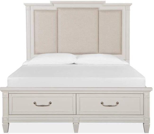 Magnussen Furniture Willowbrook Queen Storage Bed with Upholstered Headboard in Egg Shell White